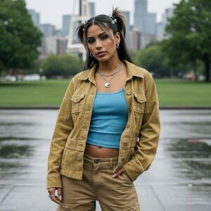 VINTAGE Old Navy Y2K Corduroy Retro Button Mid Length M Jacket Fitted Khaki Coat